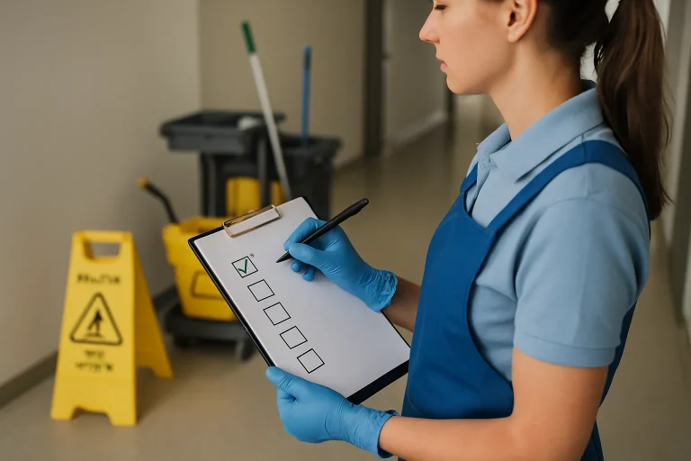 Un agent de nettoyage effectuant des tâches dans un appartement de Tinqueux avec des produits de nettoyage.