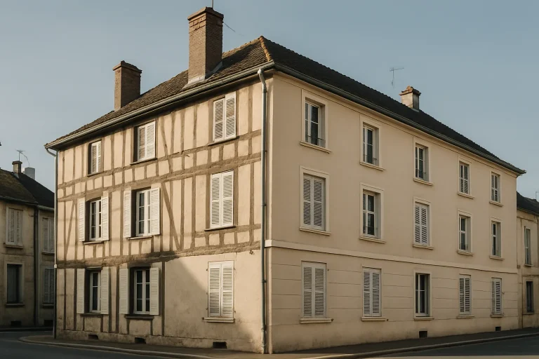 Vue d'un bâtiment résidentiel à Châlons-en-Champagne, éclairé par une lumière douce.