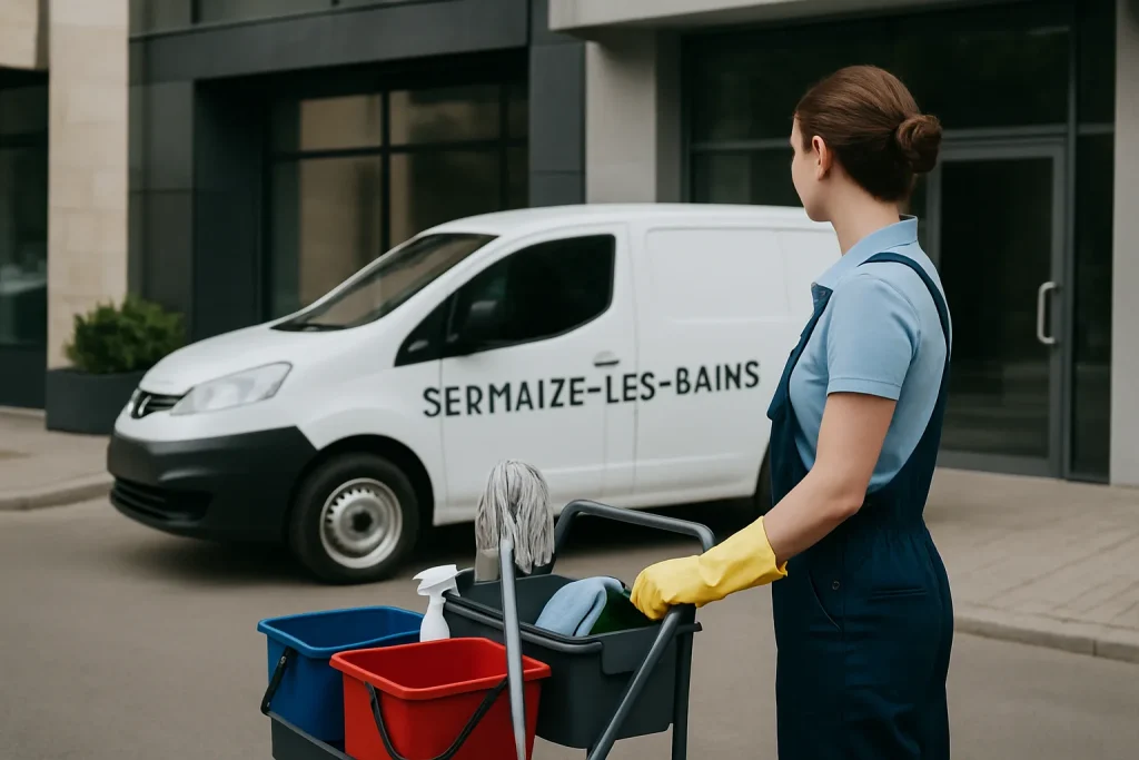 Équipe de nettoyage professionnelle dans un appartement à Sermaize-les-Bains, avec des équipements modernes.