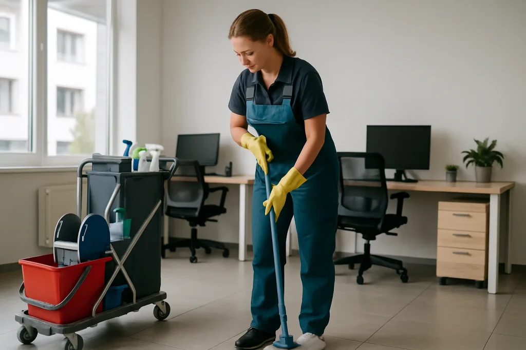 Technicien de nettoyage à BETHENY utilisant des équipements modernes pour nettoyer un appartement.