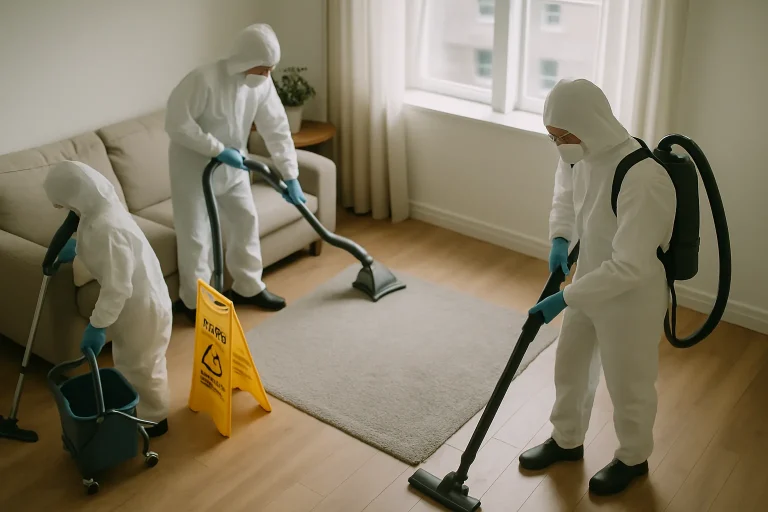 Équipe de nettoyage en combinaisons de protection dans un appartement à Reims