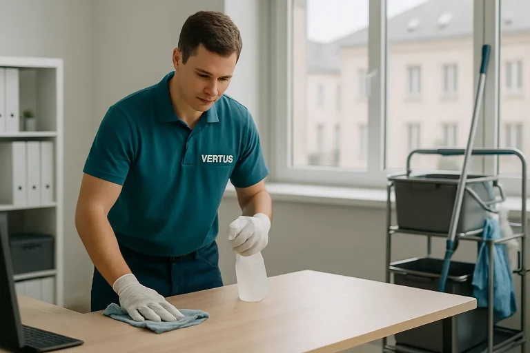 Équipe de nettoyage professionnelle utilisant des équipements modernes dans un appartement à VERTUS.