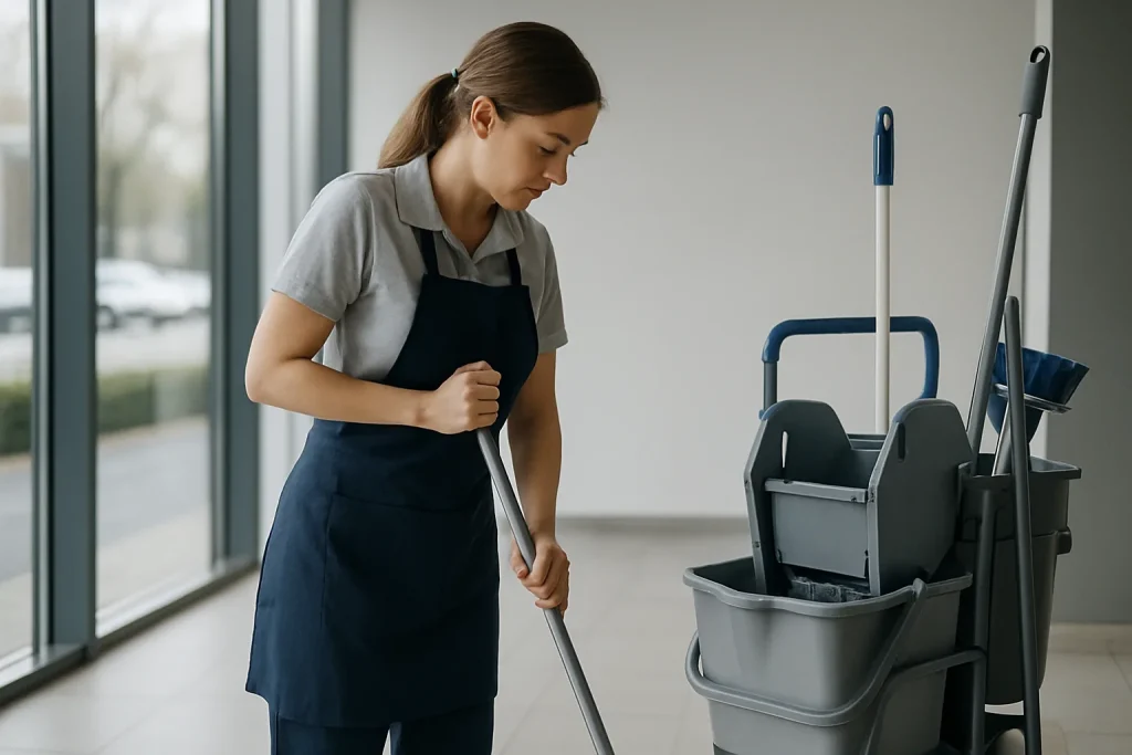 Un employé de nettoyage à Muizon utilisant des produits écologiques dans un appartement.