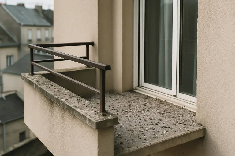 Balcon à Épernay avec fientes de pigeon, besoin de nettoyage professionnel.