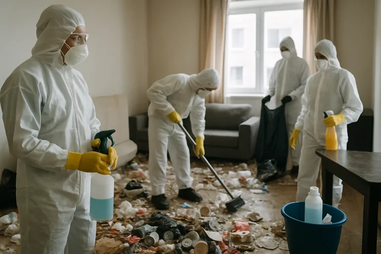 Équipe de nettoyage avec équipements de protection dans un logement insalubre à Reims.