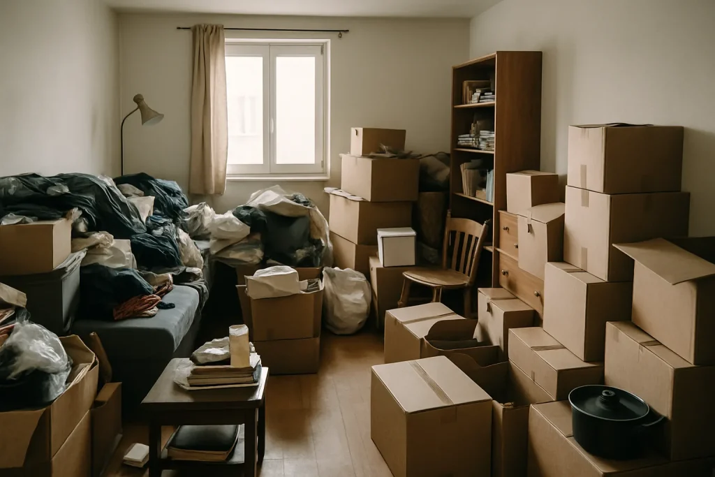 Appartement encombré à Fismes avec piles d'objets et meubles entassés.