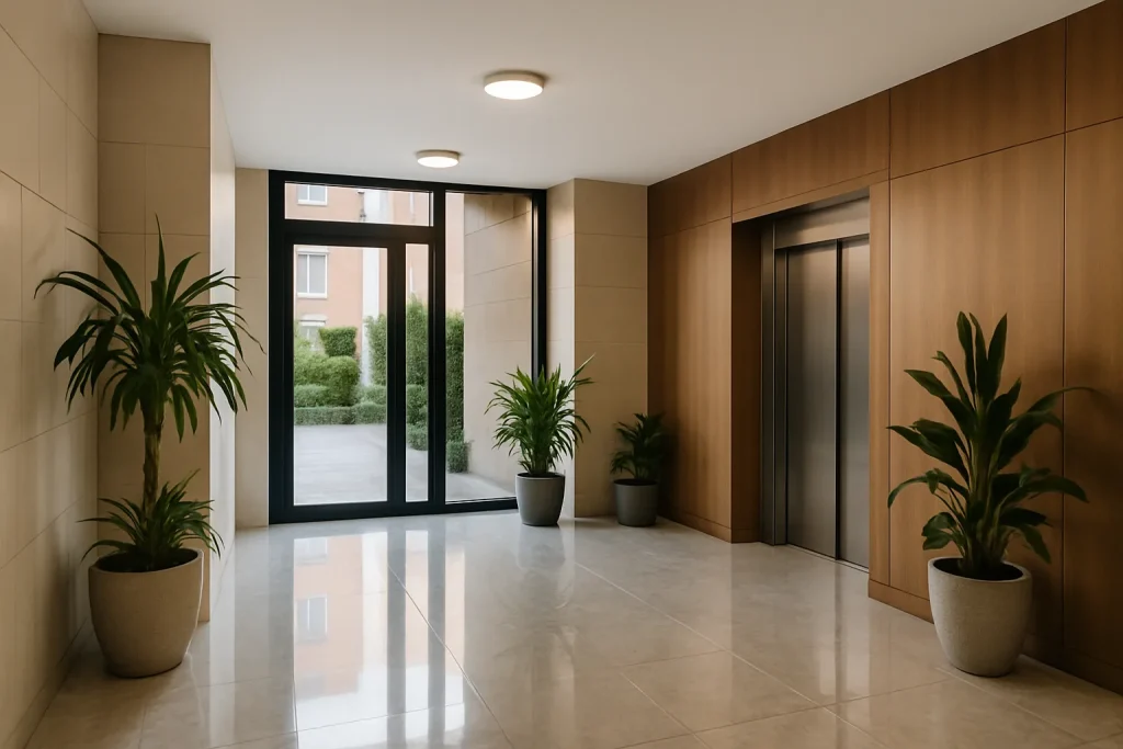 Hall d'entrée de copropriété moderne avec sol en marbre et plantes à Vitry-le-François.
