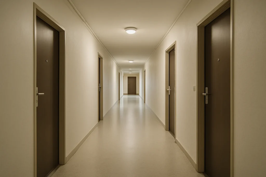 Couloir propre d'une copropriété à Tinqueux, prêt pour désinfection après nuisibles.
