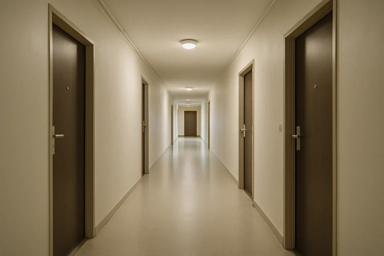 Couloir propre d'une copropriété à Tinqueux, prêt pour désinfection après nuisibles.