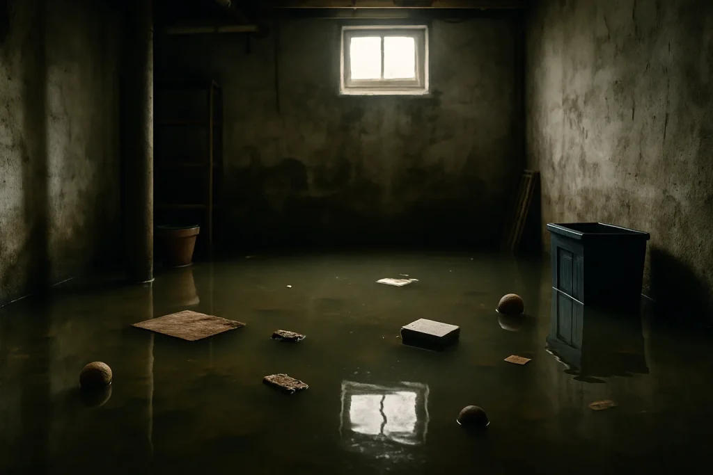 Sous-sol inondé avec de l'eau stagnante et objets flottants, lumière naturelle.