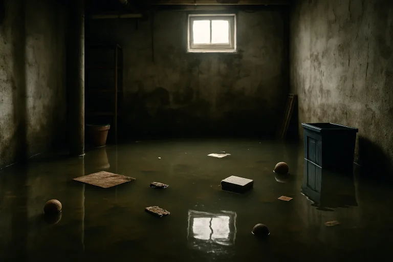 Sous-sol inondé avec de l'eau stagnante et objets flottants, lumière naturelle.