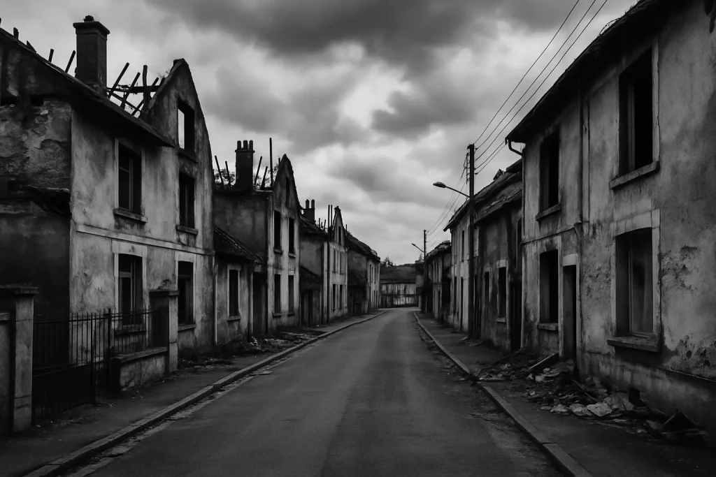Vue noir et blanc d'une rue d'Épernay avec dégâts visibles après sinistre.