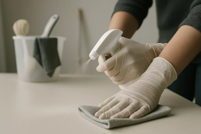 Mains gantées vaporisant un désinfectant sur une surface après infestation de rats