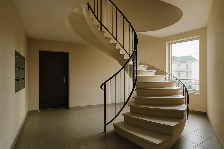 Hall d'immeuble à Épernay avec escalier en colimaçon, éclairage doux