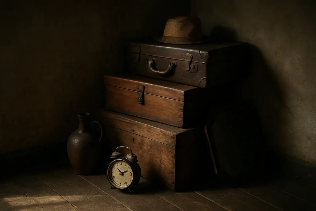 Objets anciens empilés dans un coin sombre pour un débarras de succession