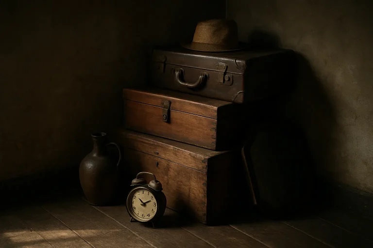 Objets anciens empilés dans un coin sombre pour un débarras de succession