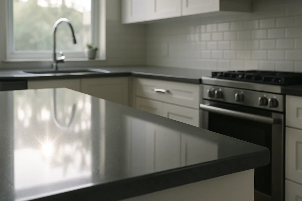 Cuisine moderne avec surfaces brillantes nettoyées avant une vente