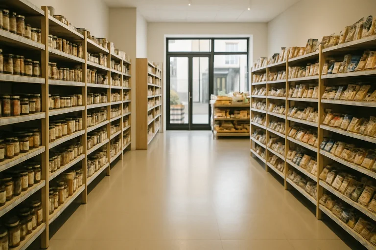 Intérieur d'un commerce à Châlons-en-Champagne, étagères rangées et sol propre.
