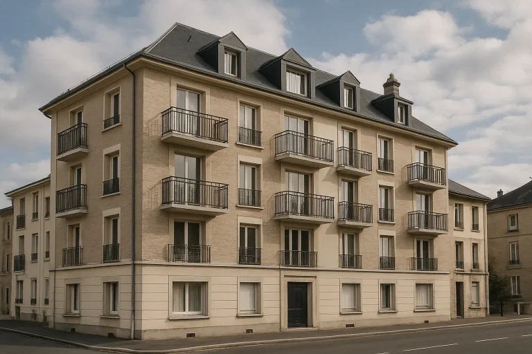 Façade d'un immeuble à Reims sous un ciel nuageux, lumière du jour.