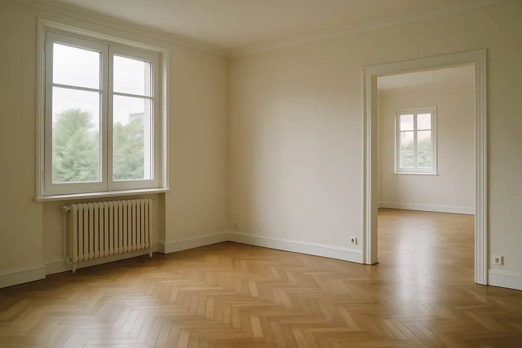 Salon vide à Épernay avec parquet propre et murs peints, lumière douce.