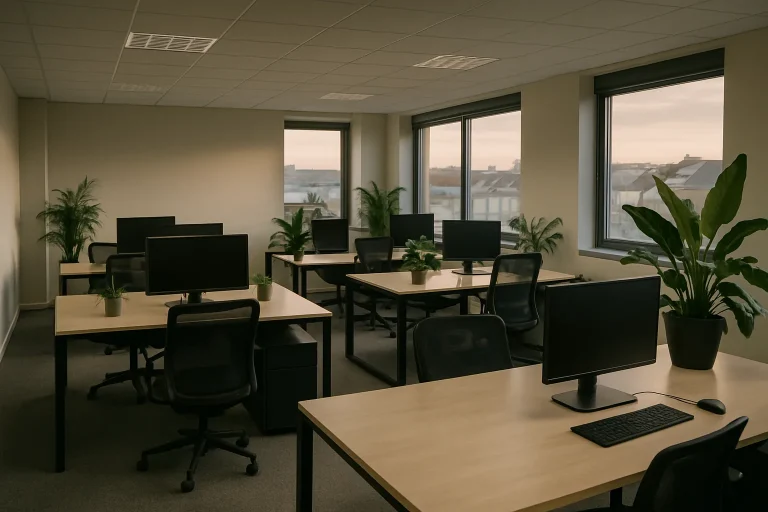 Bureau moderne à Reims avec des plantes vertes, bien rangé, éclairage doux