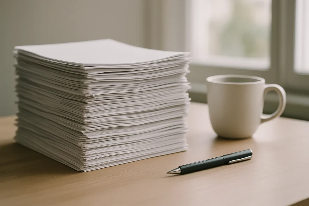 Pile de papiers sur un bureau avec stylo et tasse de café, éclairage naturel.