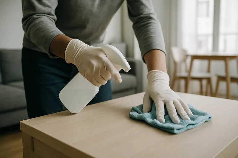 Gros plan sur des mains gantées désinfectant une surface, lumière neutre, angle oblique.