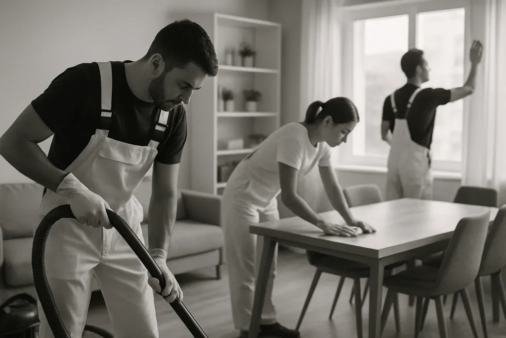 Équipe de nettoyage en action dans un appartement à Reims, équipement professionnel visible