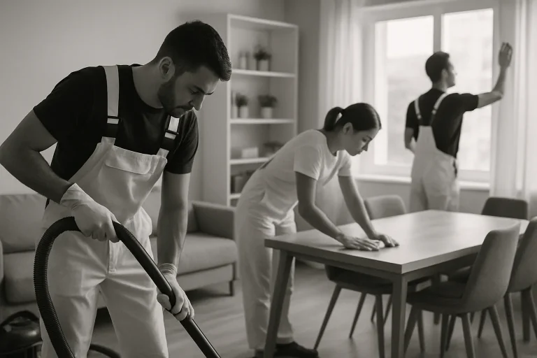 Équipe de nettoyage en action dans un appartement à Reims, équipement professionnel visible
