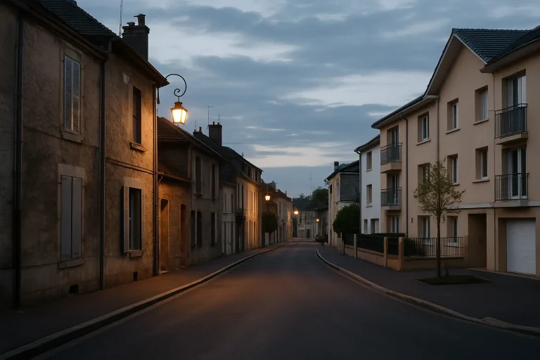 Scène de rue à Châlons-en-Champagne au crépuscule avec bâtiments anciens et modernes.