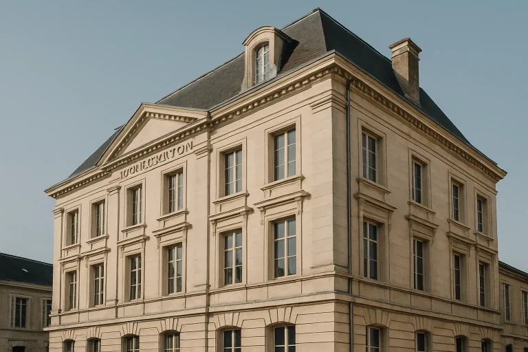 Bâtiment administratif à Châlons-en-Champagne sous un ciel ensoleillé.