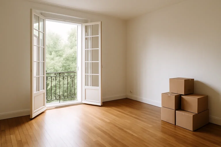 Salon vide avec parquet en bois et boîtes en carton dans un logement à Épernay.