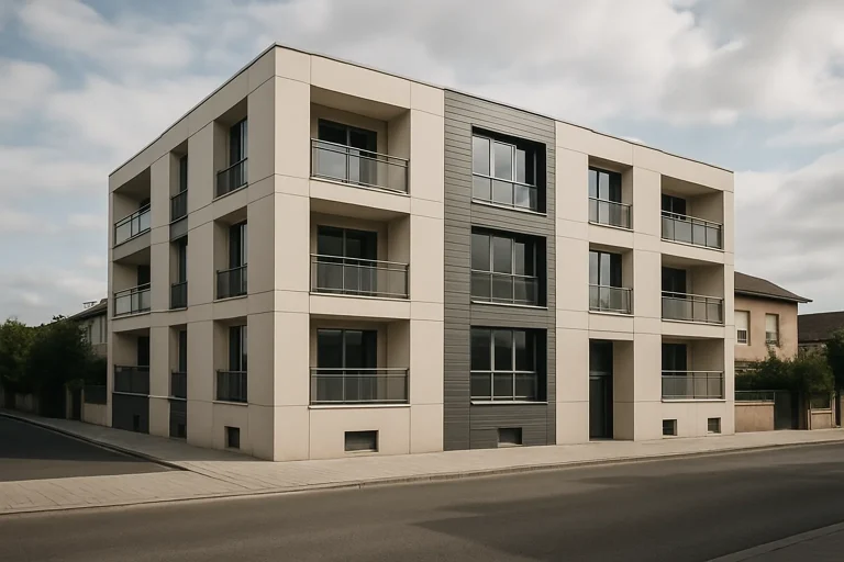Immeuble moderne à Châlons-en-Champagne avec trottoir propre en avant-plan.