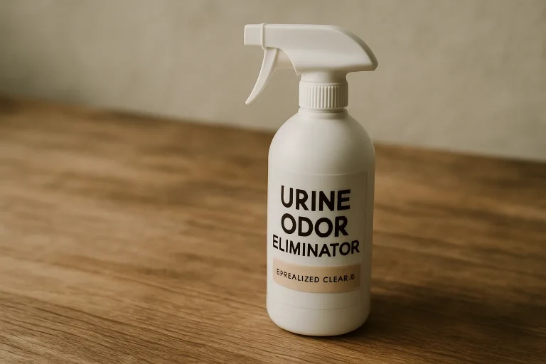 Gros plan sur un produit de nettoyage pour odeurs d'urine sur une surface en bois