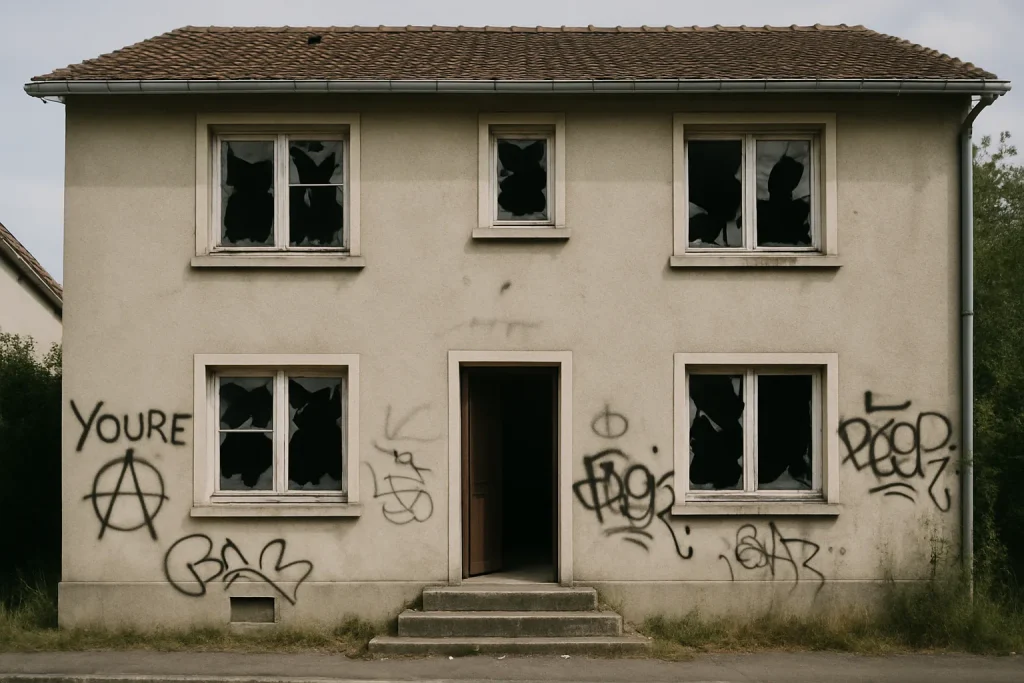Maison vandalisée à Reims avec vitres brisées et graffitis sur les murs.
