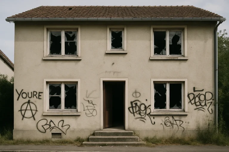 Maison vandalisée à Reims avec vitres brisées et graffitis sur les murs.