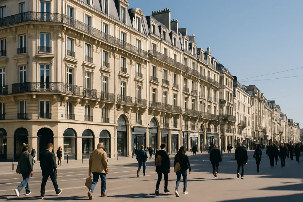 Rue animée à Reims avec des bâtiments haussmanniens et passants en journée