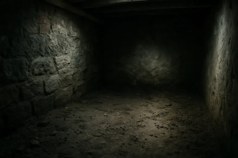 Cave sombre à Châlons-en-Champagne avec traces de passage de rats, lumière douce.