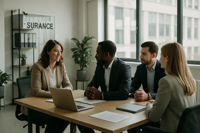 Agents d'assurance discutant dans un bureau moderne, lumière douce.