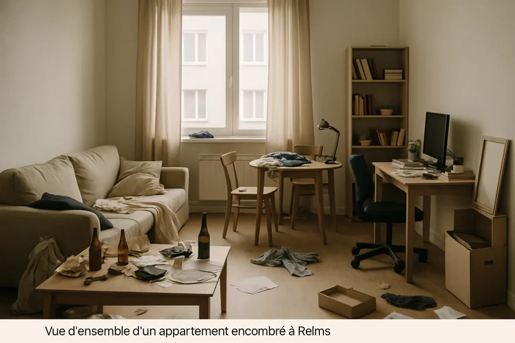 Appartement encombré à Reims nécessitant une intervention Diogène, objets dispersés.