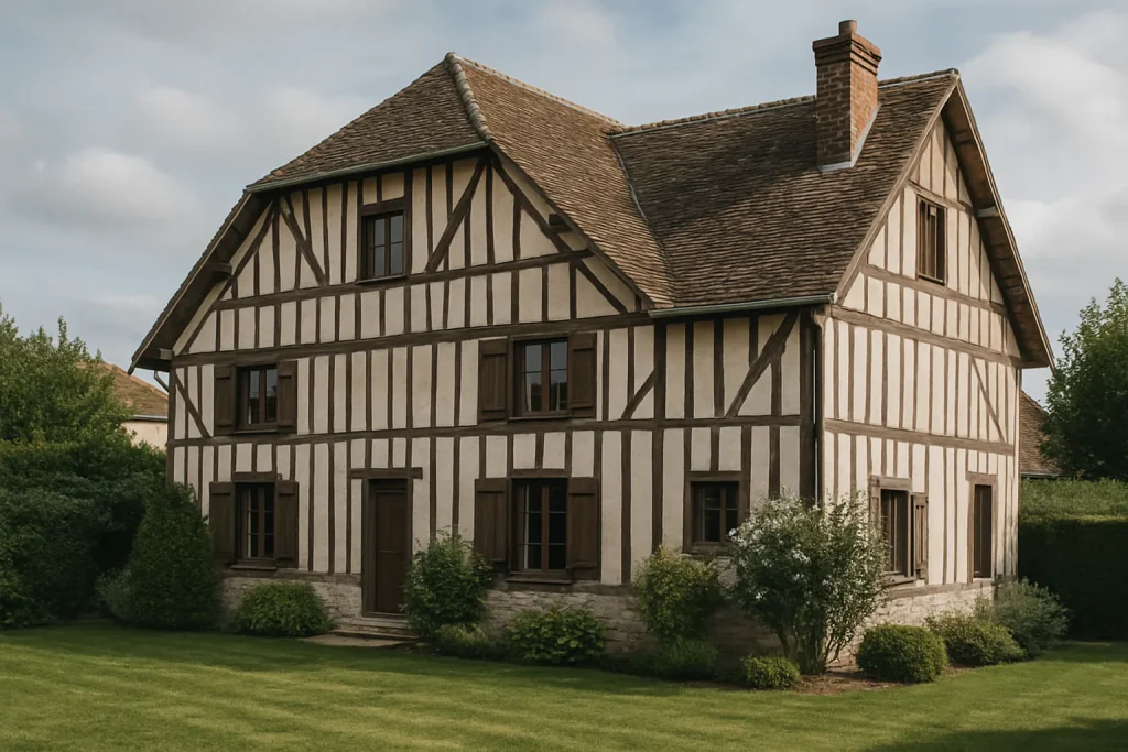 Maison traditionnelle à Sézanne avec jardin, vue de trois-quarts sous un ciel nuageux.