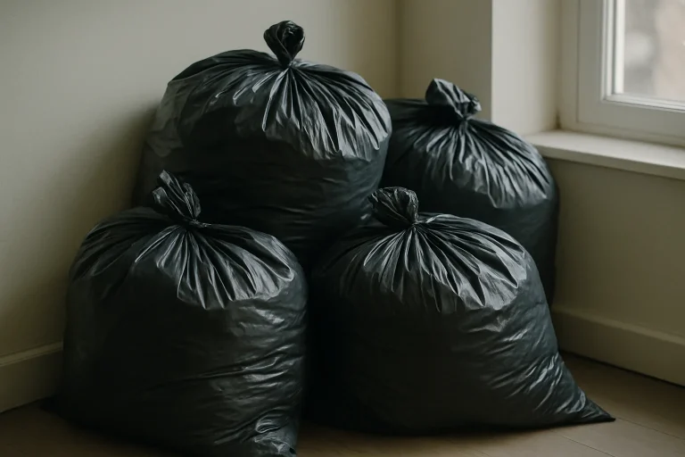 Sacs poubelles empilés dans une pièce, éclairage naturel, texture visible