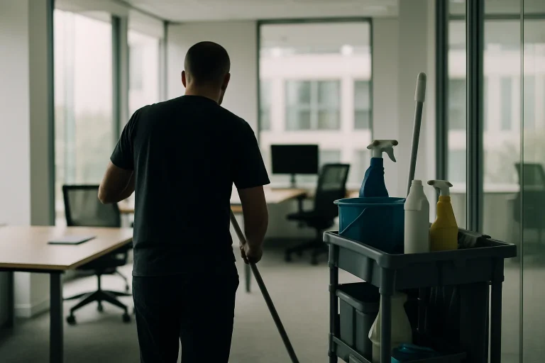 Silhouette d'un nettoyeur de dos dans un bureau moderne à Bezannes, lumière douce
