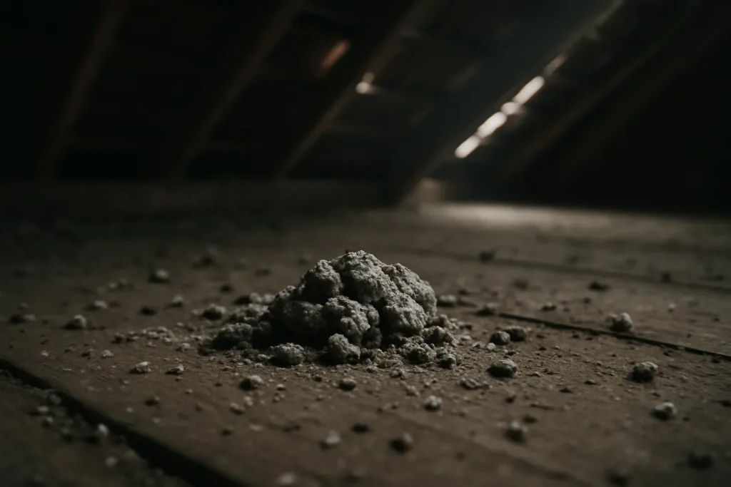 Gros plan sur des fientes de pigeon dans un grenier sombre à Châlons-en-Champagne, lumière naturelle filtrant.