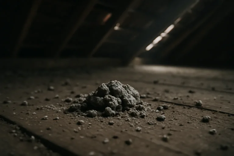 Gros plan sur des fientes de pigeon dans un grenier sombre à Châlons-en-Champagne, lumière naturelle filtrant.
