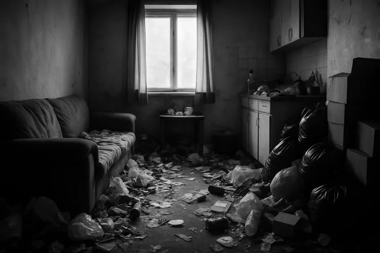 Appartement rempli de déchets à Reims avec éclairage contrasté.