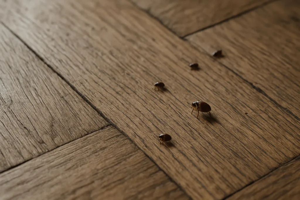 Gros plan d'un parquet avec des puces à Vitry-le-François, lumière naturelle.