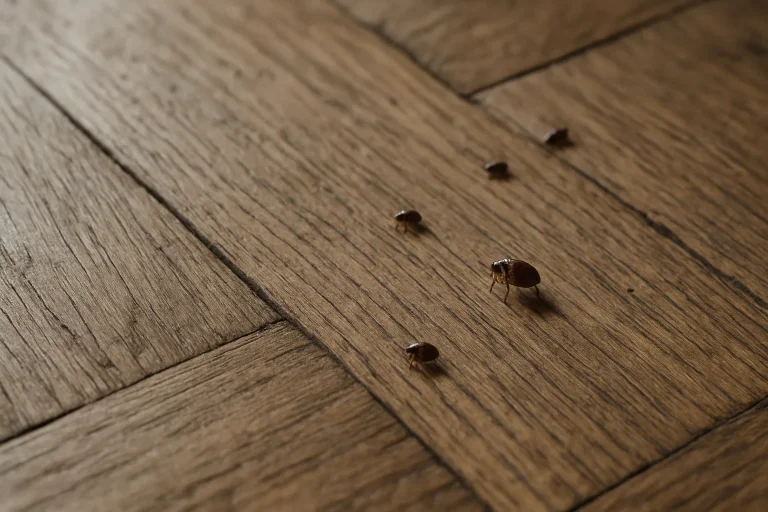 Gros plan d'un parquet avec des puces à Vitry-le-François, lumière naturelle.