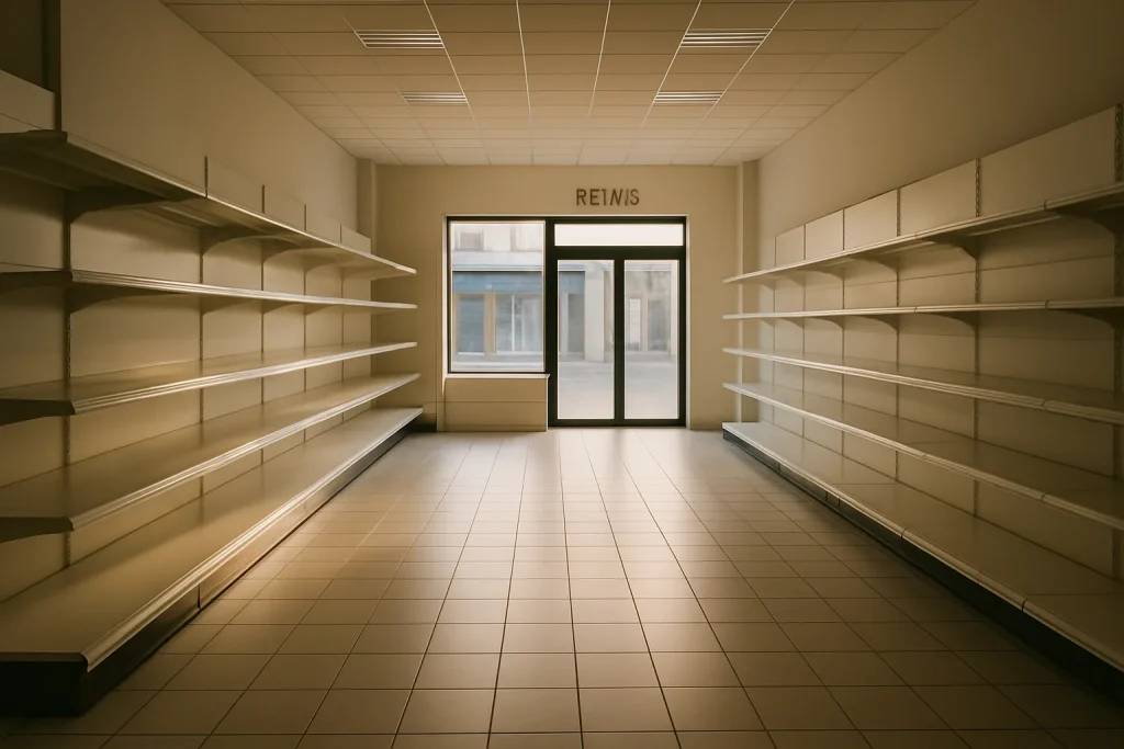 Intérieur d'un commerce vide à Reims, sol en carrelage propre, lumière douce.