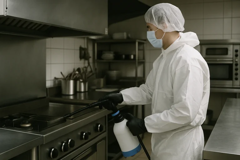 Nettoyage en cours dans une cuisine de restaurant avec un employé en tenue de protection utilisant un pulvérisateur.